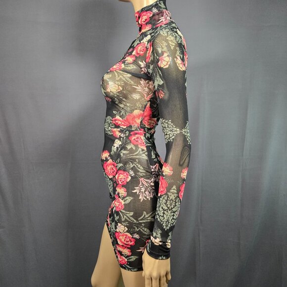 Y2K GUESS Black Floral Sheer Mesh Mini Dress Size XS Long Sleeve Gothic Fairy - Picture 5 of 9